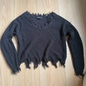 Frayed Hem Black Sweater